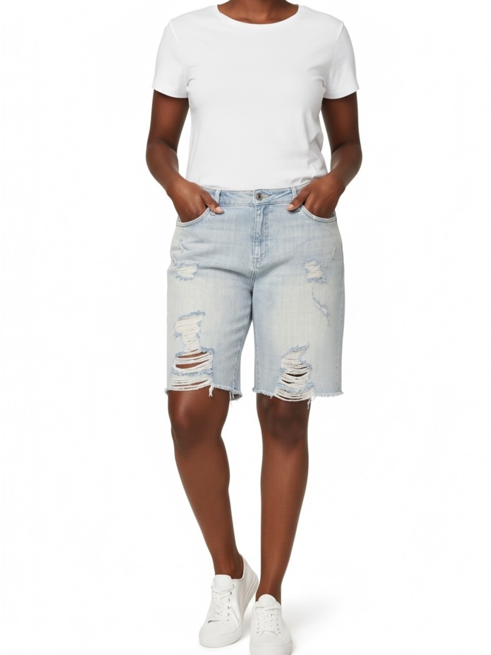 torrid Light Blue Distressed Denim Bermuda Shorts